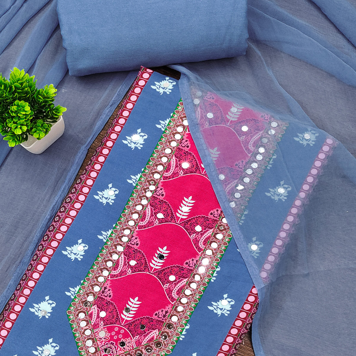 Blue Floral Digital Printed Rayon Dress Material Enhanced With Mirror Work