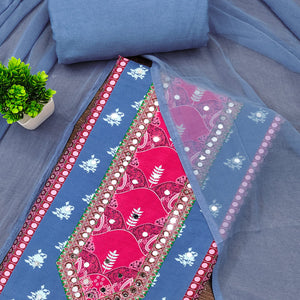 Blue Floral Digital Printed Rayon Dress Material Enhanced With Mirror Work