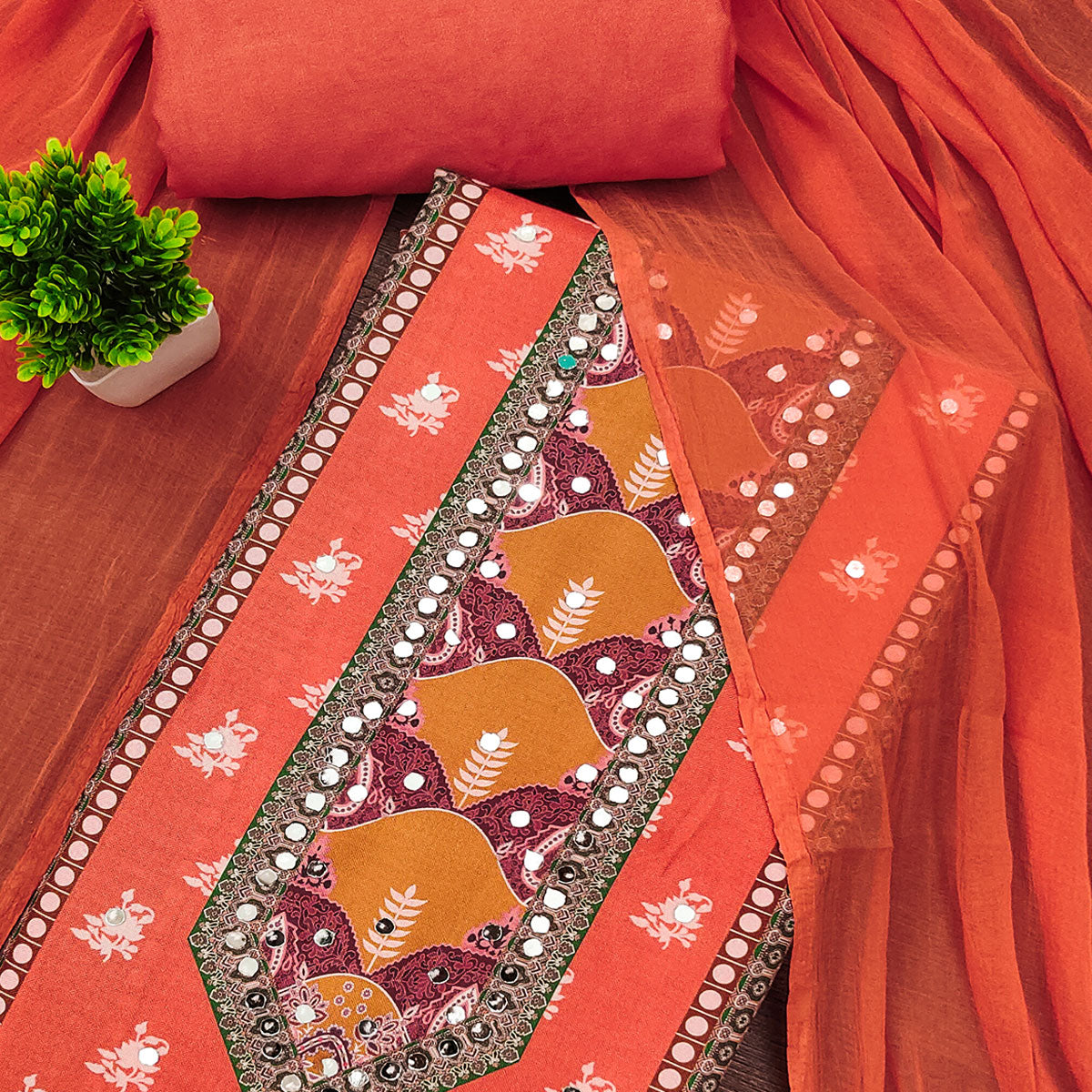 Orange Floral Digital Printed Rayon Dress Material Enhanced With Mirror Work