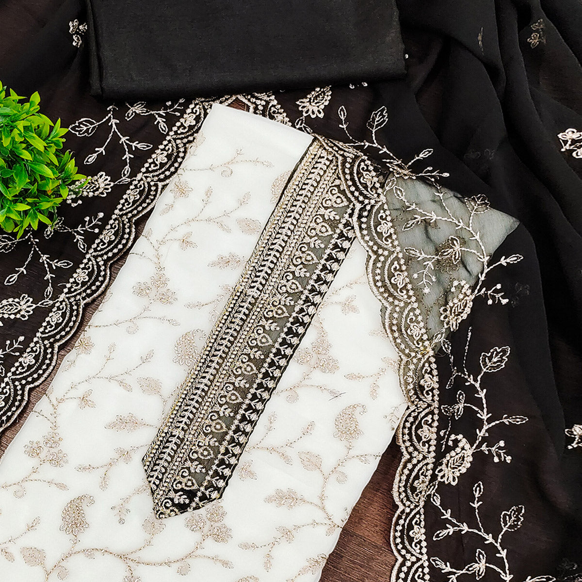 White & Black Georgette Dress Material Showcasing Elegant Floral Thread Embroidery Work