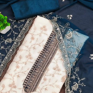 White & Blue Georgette Dress Material Showcasing Elegant Floral Thread Embroidery Work