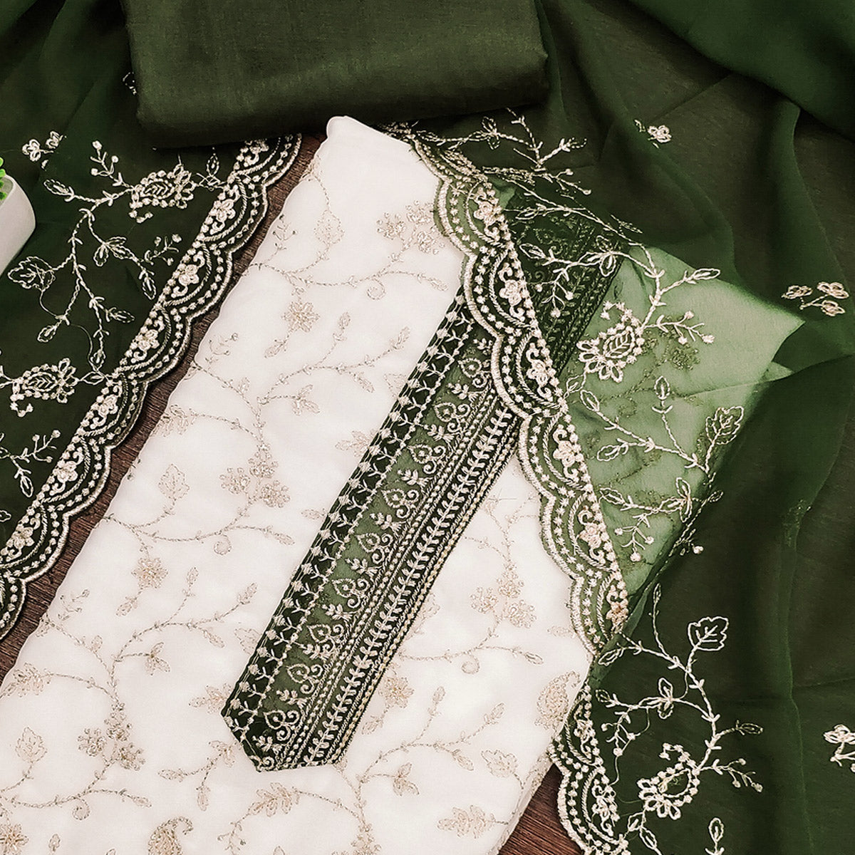 White & Green Georgette Dress Material Showcasing Elegant Floral Thread Embroidery Work