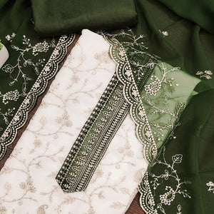 White & Green Georgette Dress Material Showcasing Elegant Floral Thread Embroidery Work