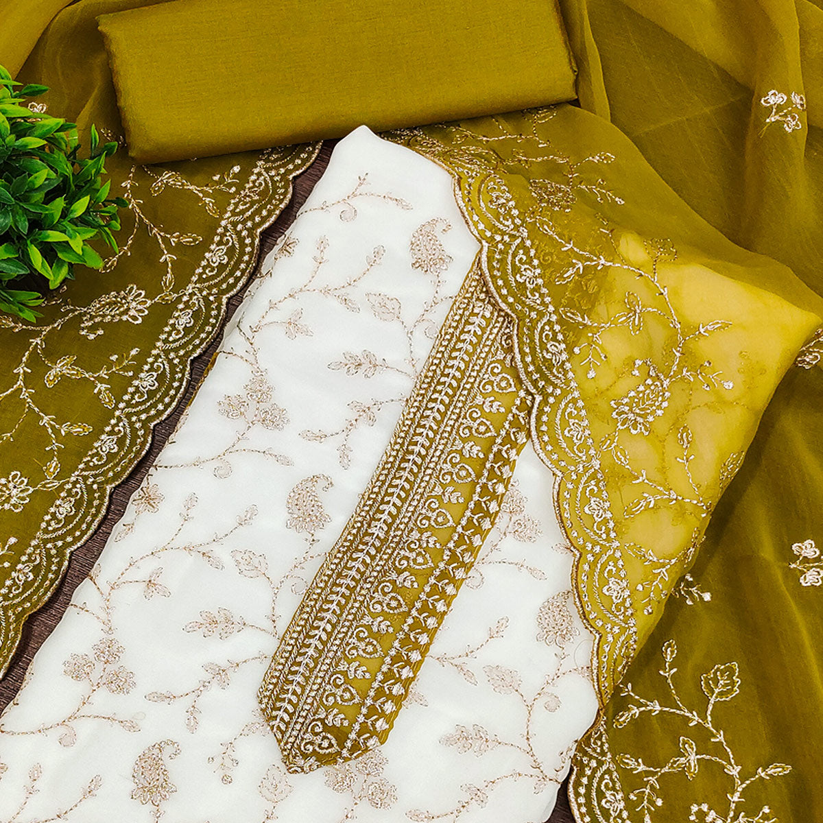 White & Mustard Georgette Dress Material Showcasing Elegant Floral Thread Embroidery Work