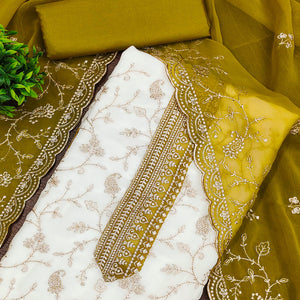 White & Mustard Georgette Dress Material Showcasing Elegant Floral Thread Embroidery Work