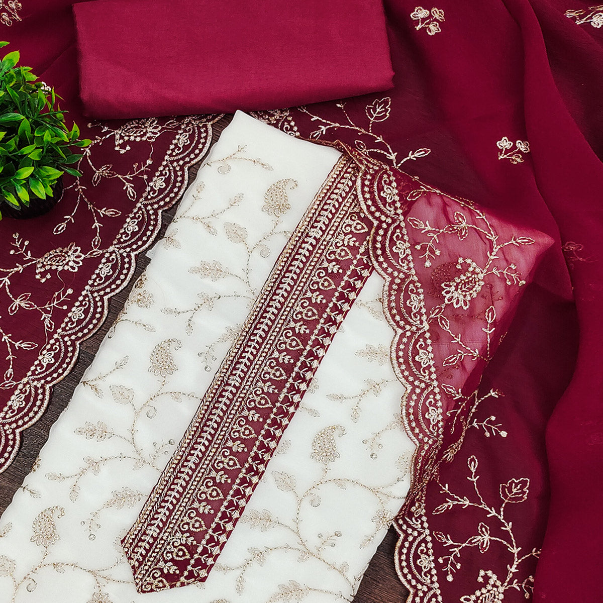 White & Pink Georgette Dress Material Showcasing Elegant Floral Thread Embroidery Work