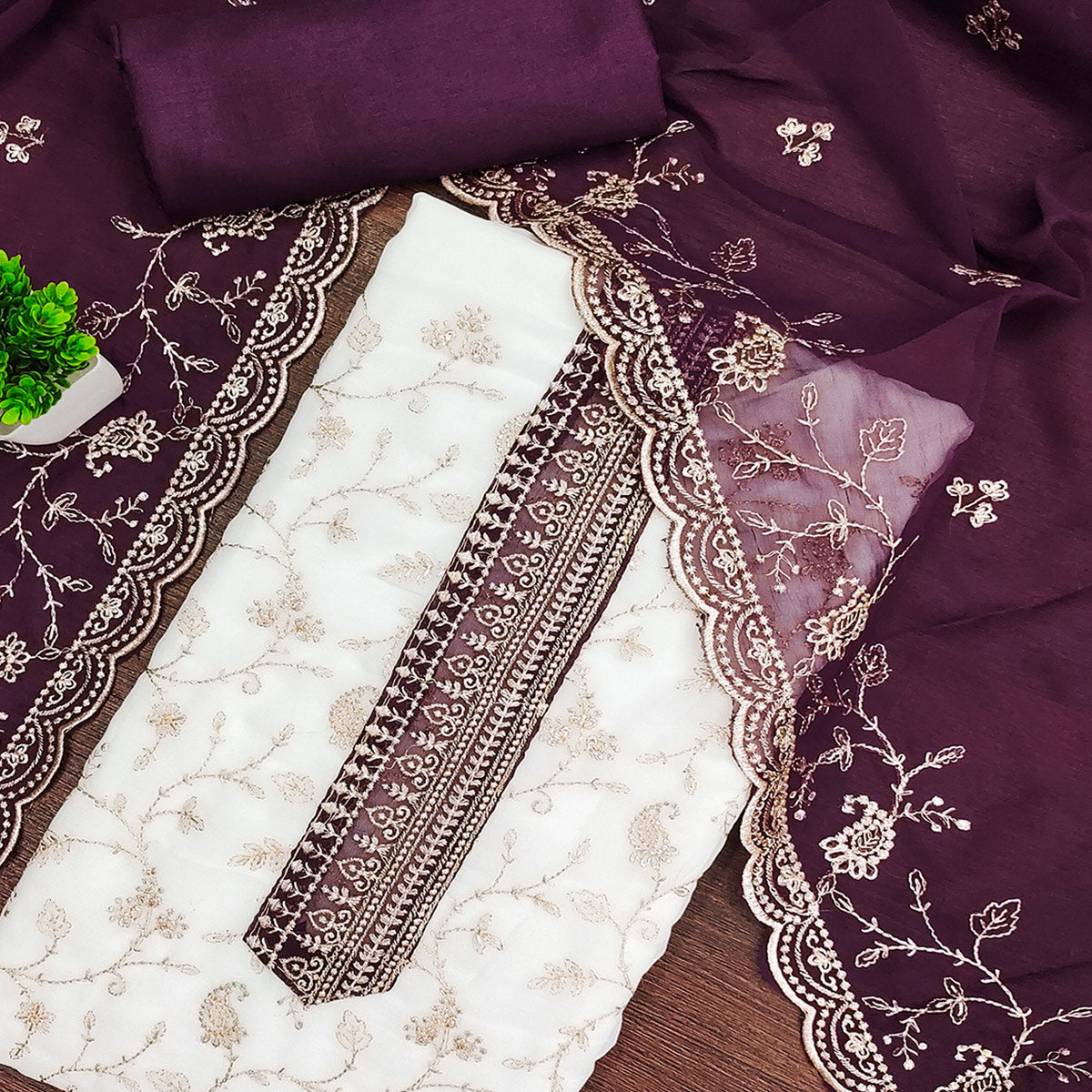 White & Wine Georgette Dress Material Showcasing Elegant Floral Thread Embroidery Work