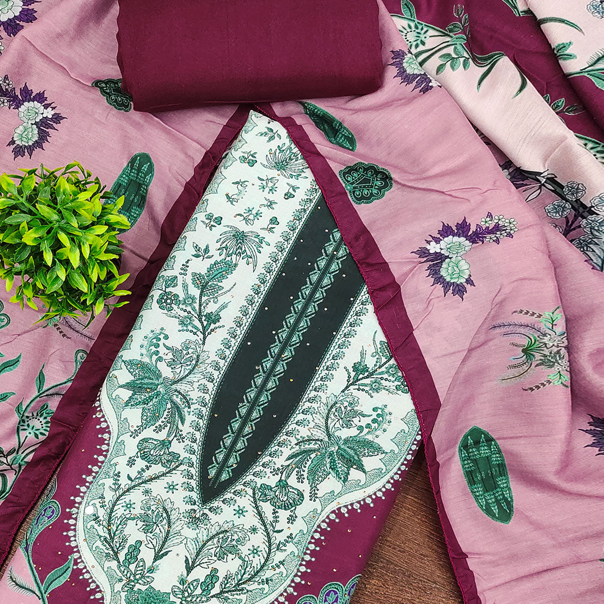 Pink Floral Digital Printed Muslin Dress Material Enhanced With Shimmering Swarovski Work