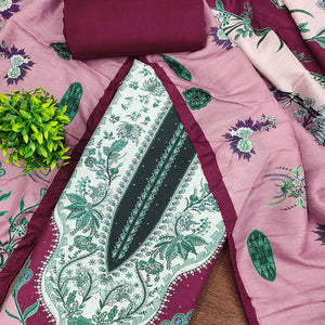 Pink Floral Digital Printed Muslin Dress Material Enhanced With Shimmering Swarovski Work