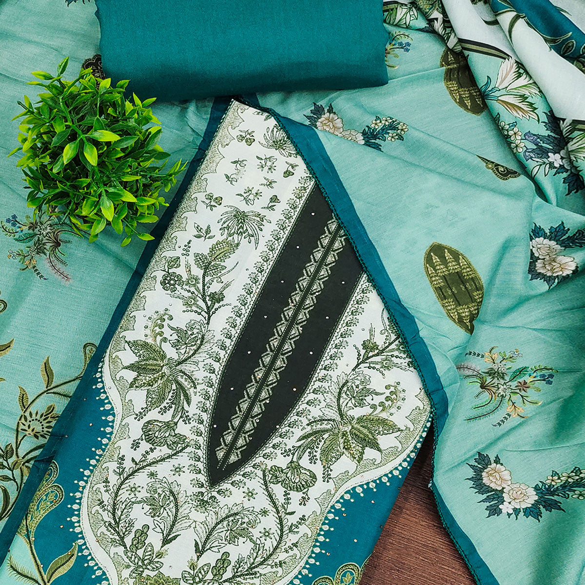 Turquoise Floral Digital Printed Muslin Dress Material Enhanced With Shimmering Swarovski Work
