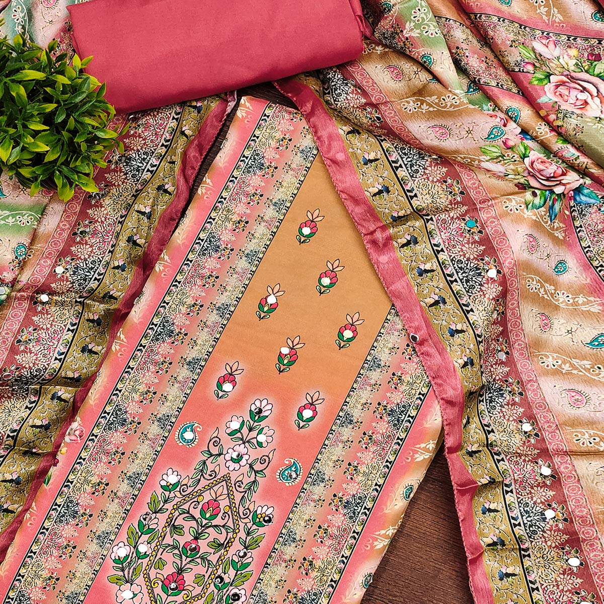 Pink Muslin Dress Material Featuring Graceful Floral Digital Print Embellished With Mirror Work