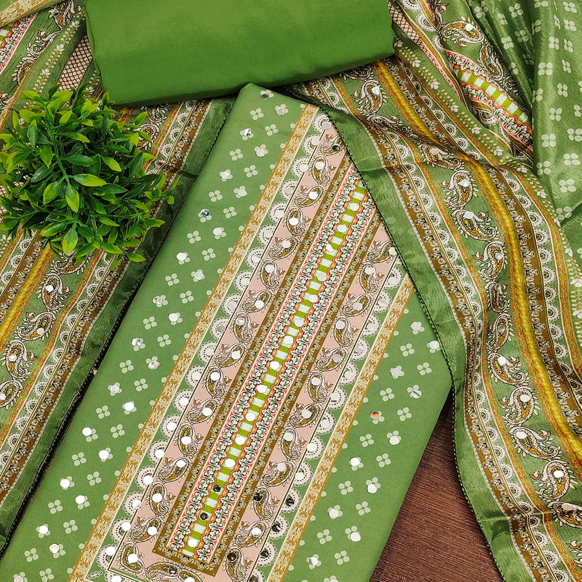 Soothing Green Floral Digital Printed Dress Material Crafted From Muslin With Mirror Work