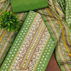 Soothing Green Floral Digital Printed Dress Material Crafted From Muslin With Mirror Work