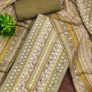 Soothing Mehendi Green Floral Digital Printed Dress Material Crafted From Muslin With Mirror Work