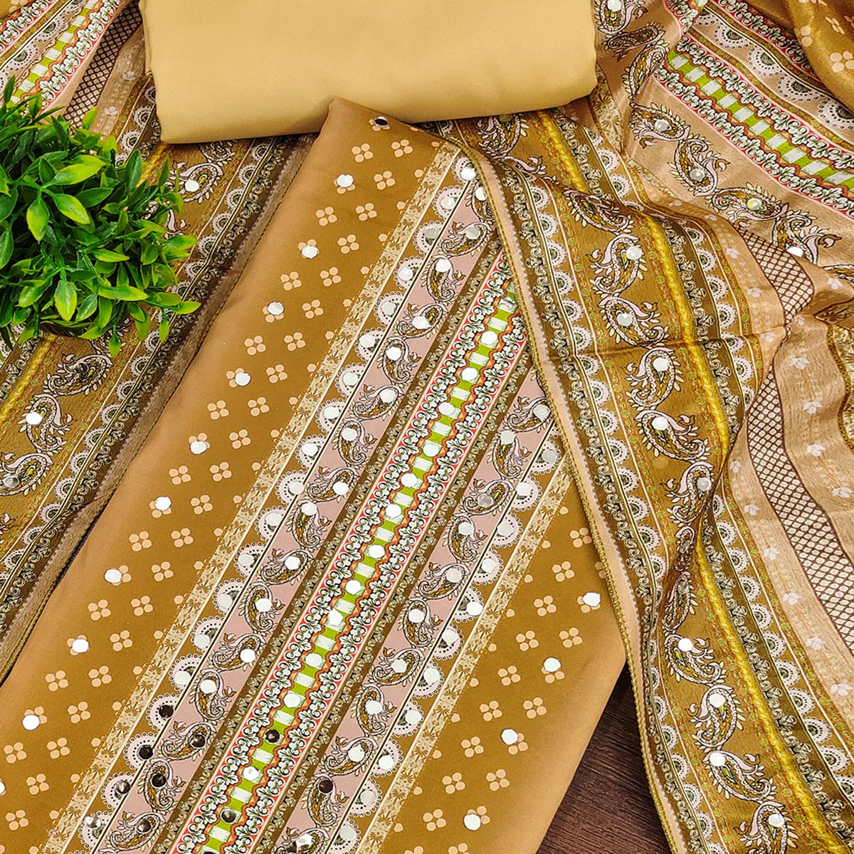 Soothing Mustard Floral Digital Printed Dress Material Crafted From Muslin With Mirror Work