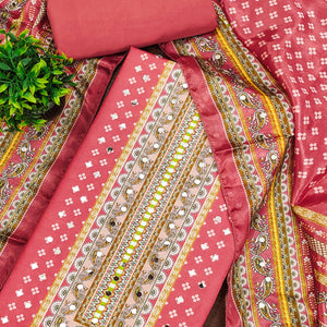 Soothing Pink Floral Digital Printed Dress Material Crafted From Muslin With Mirror Work