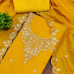 Graceful Mustard Floral Embroidered Vichitra Silk Dress Material Enhanced With Diamond Work