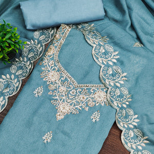 Graceful Blue Floral Embroidered Vichitra Silk Dress Material Enhanced With Diamond Work