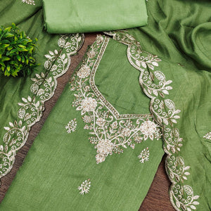 Graceful Green Floral Embroidered Vichitra Silk Dress Material Enhanced With Diamond Work