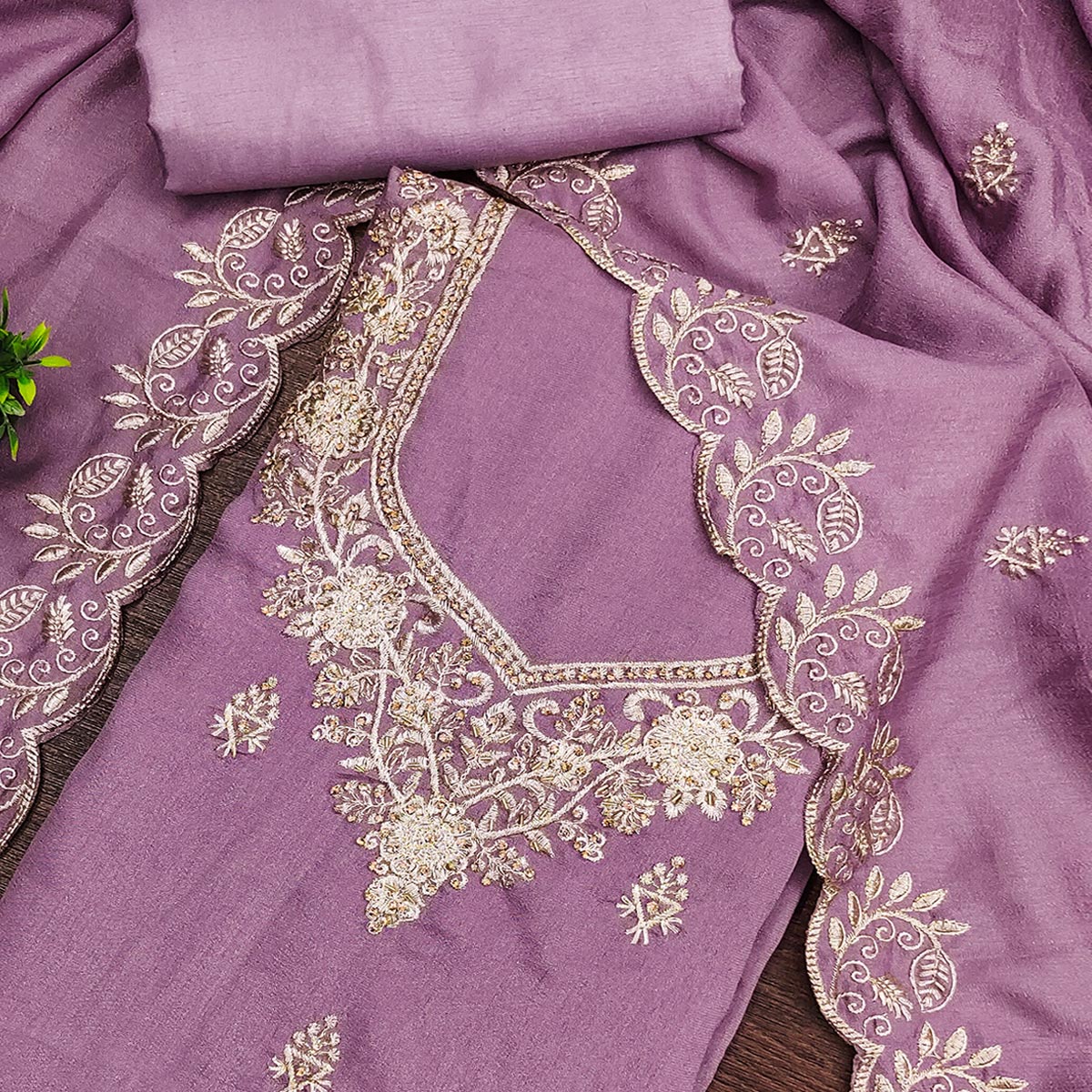 Graceful Lavender Floral Embroidered Vichitra Silk Dress Material Enhanced With Diamond Work