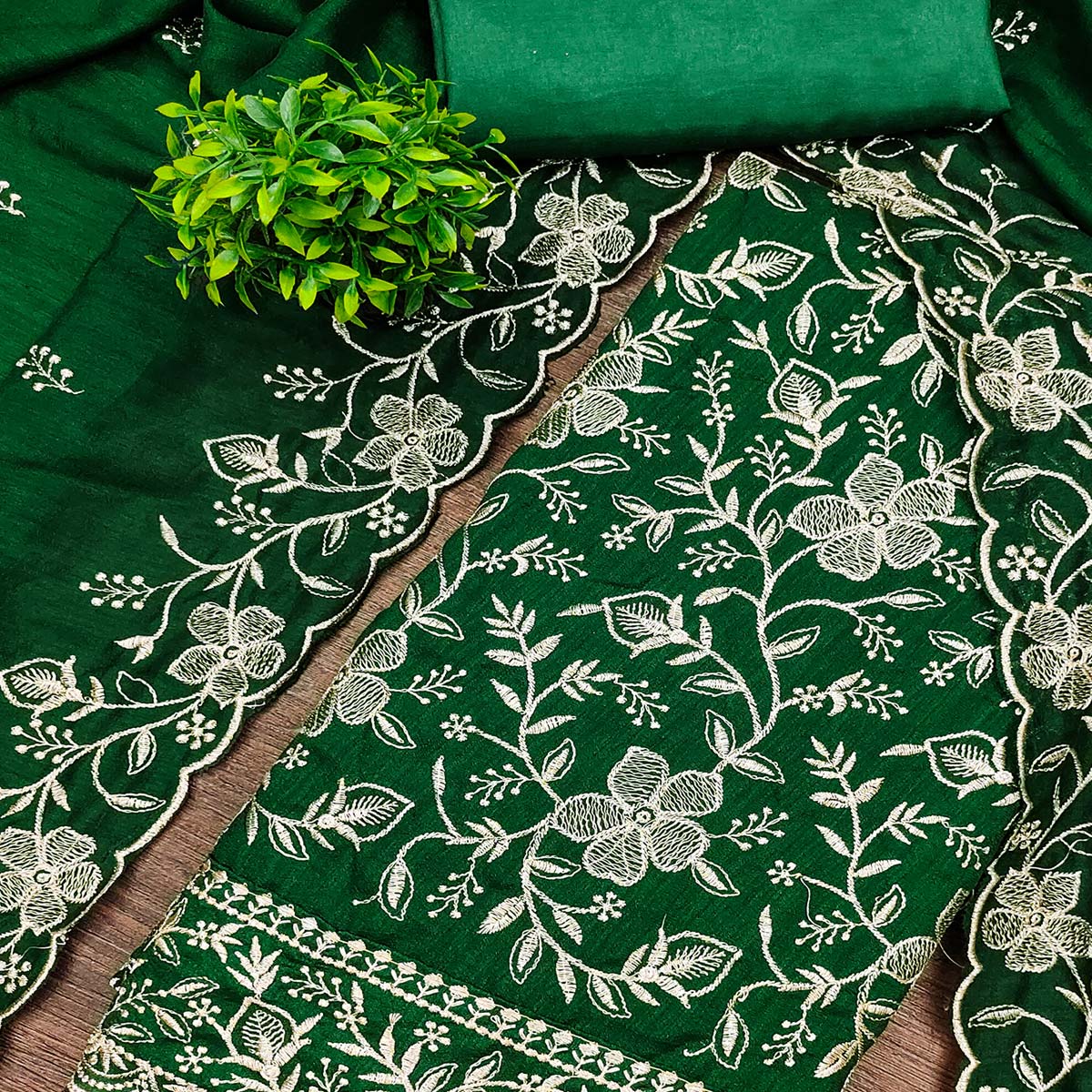 Elegant Green Vichitra Silk Dress Material Adorned With Exquisite Floral Zari Embroidery Work