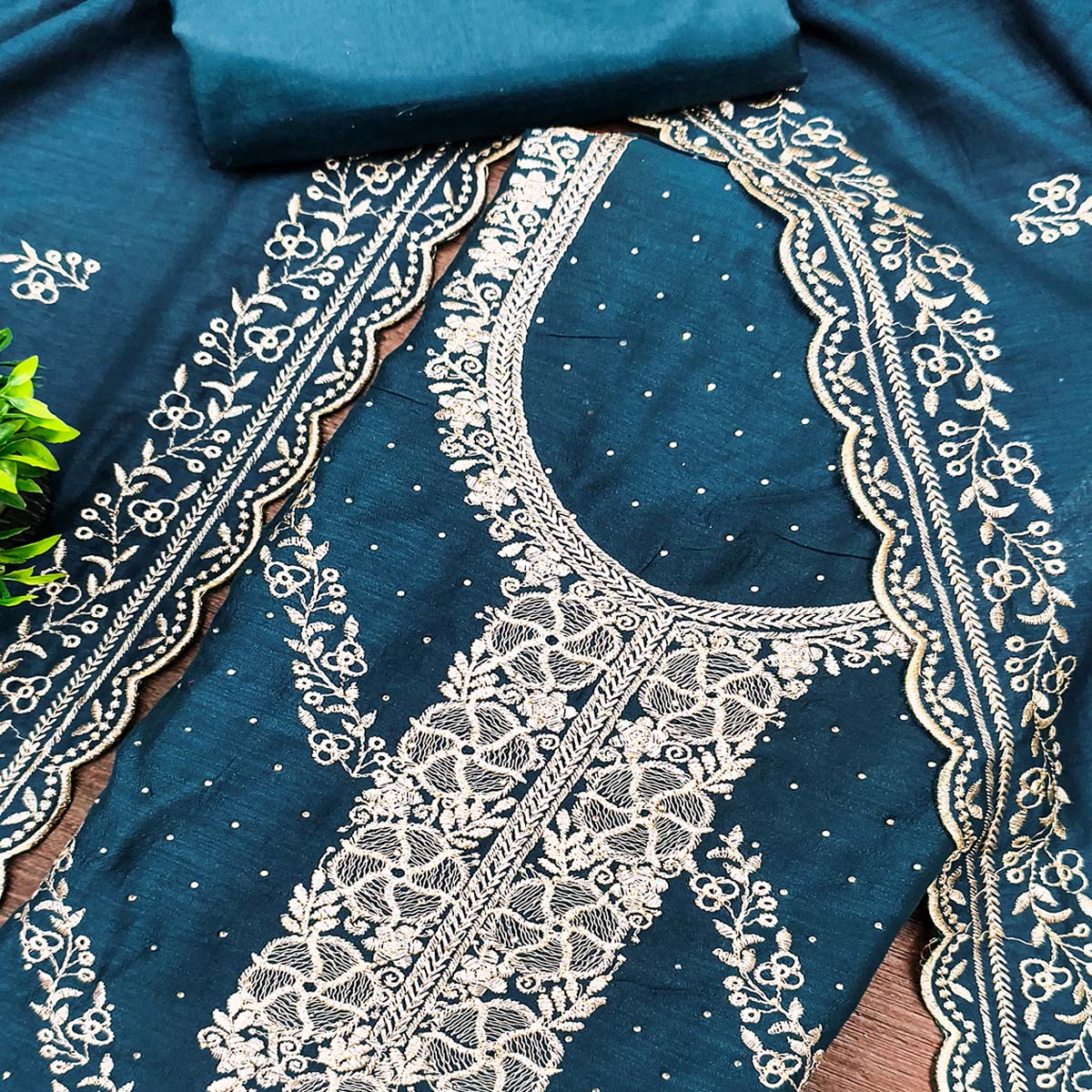 Graceful Blue Floral Embroidered Vichitra Silk Dress Material Enhanced With Sparkling Swarovski