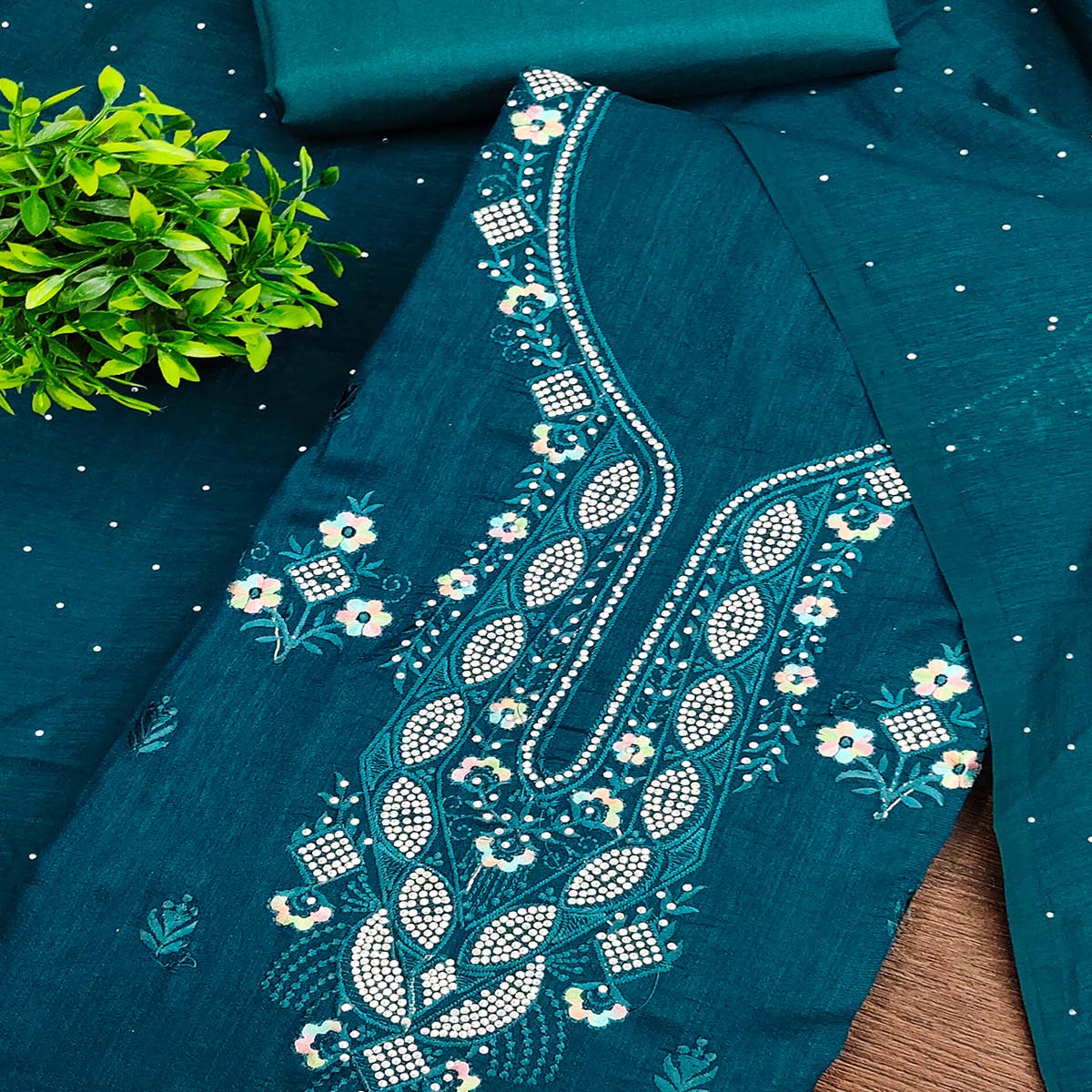Gorgeous Dark Teal Blue Floral Embroidered Vichitra Silk Dress Material Beautified With Swarovski