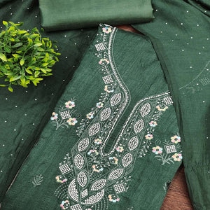Gorgeous Green Floral Embroidered Vichitra Silk Dress Material Beautified With Swarovski Work