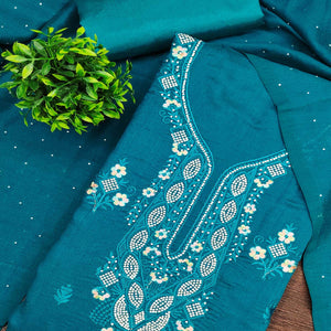 Gorgeous Teal Blue Floral Embroidered Vichitra Silk Dress Material Beautified With Swarovski Work