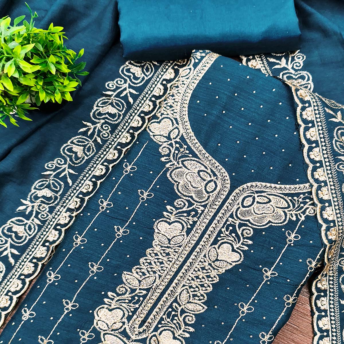 Regal Blue Floral Embroidered Vichitra Silk Dress Material With Dazzling Swarovski Work Detailing
