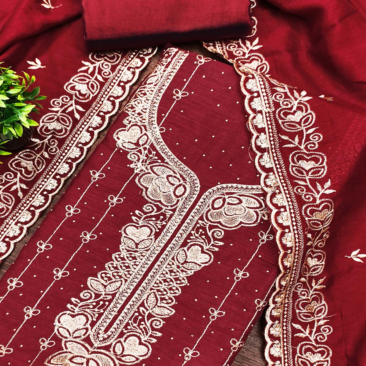 Regal Maroon Floral Embroidered Vichitra Silk Dress Material With Dazzling Swarovski Work Detailing