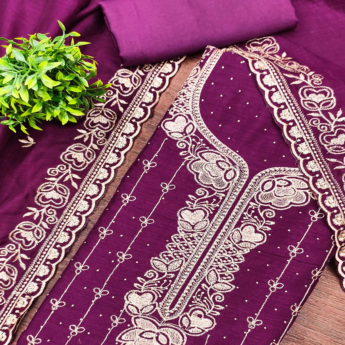Regal Purple Floral Embroidered Vichitra Silk Dress Material With Dazzling Swarovski Work Detailing