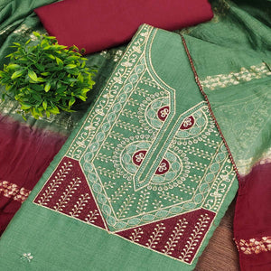 Classic Green Floral Embroidered Cotton Blend Dress Material With Shimmering Sequins Work