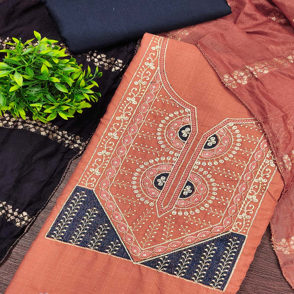 Classic Peach Floral Embroidered Cotton Blend Dress Material With Shimmering Sequins Work