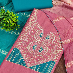 Classic Pink Floral Embroidered Cotton Blend Dress Material With Shimmering Sequins Work