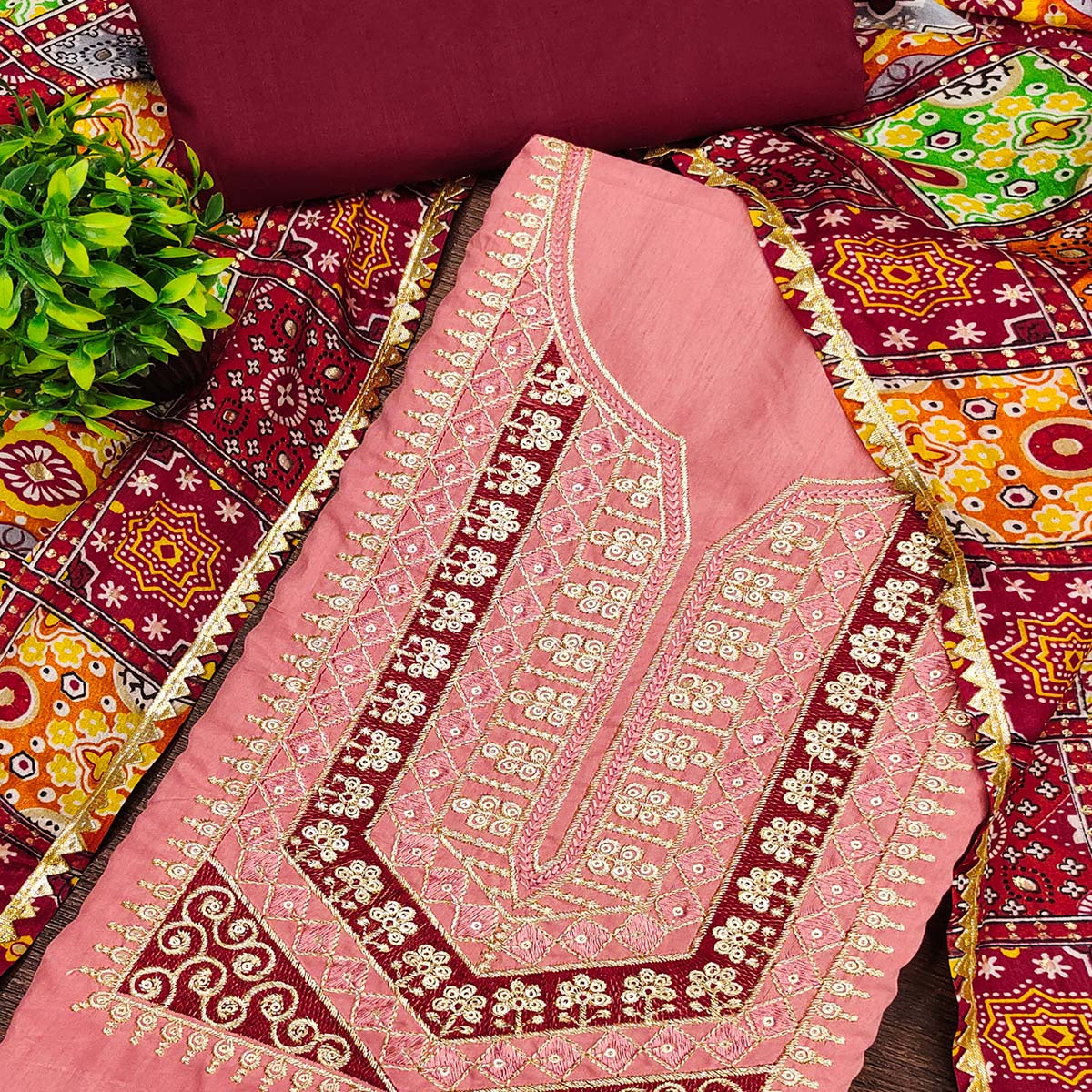 Stylish Pink Cotton Blend Dress Material Enriched With Floral Embroidery & Sequins Work