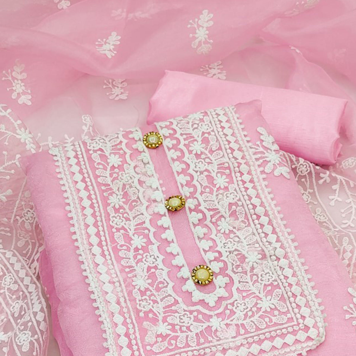 Baby Pink Floral Embroidered Organza Dress Material