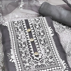Grey Floral Embroidered Organza Dress Material