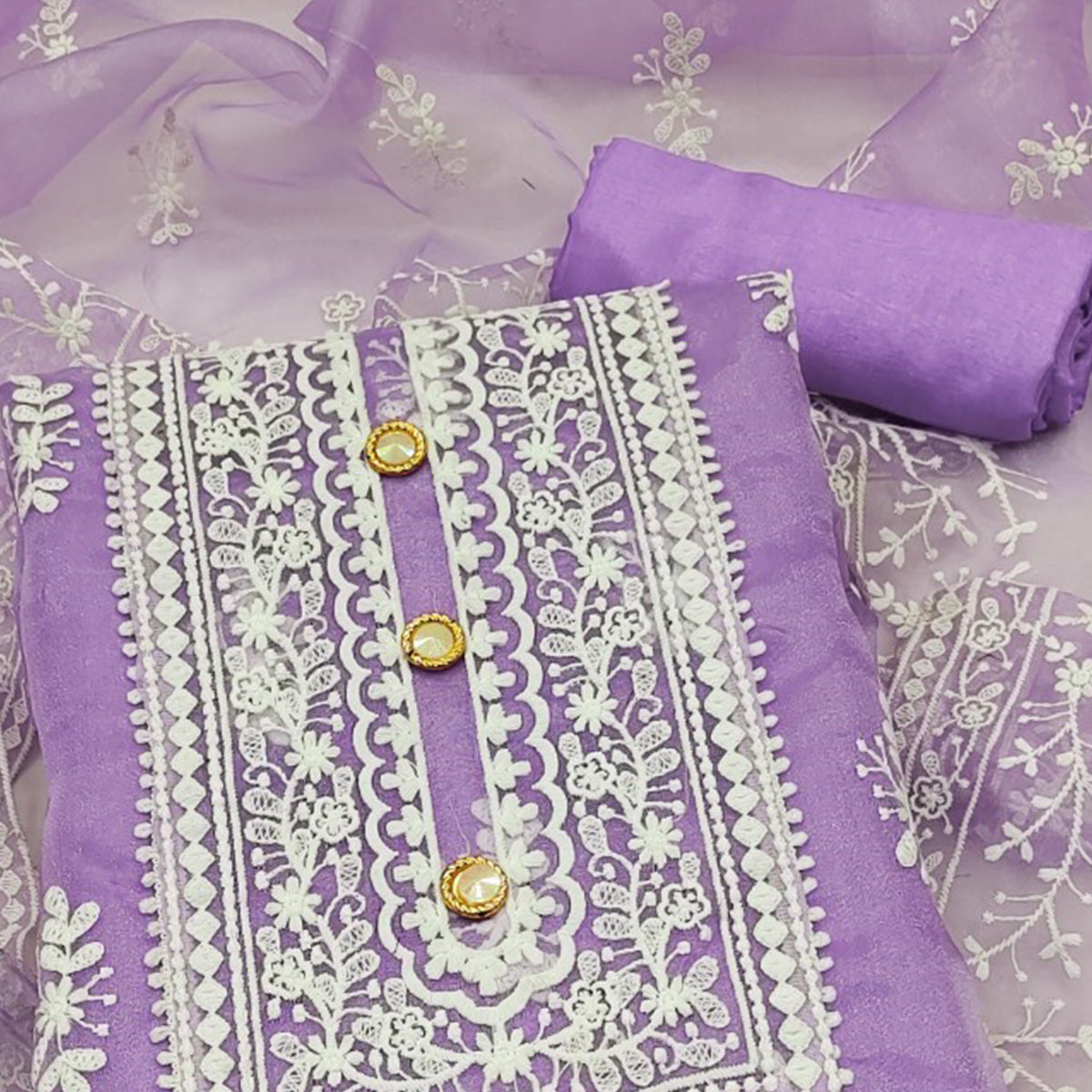 Lavender Floral Embroidered Organza Dress Material