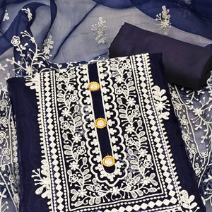 Navy Blue Floral Embroidered Organza Dress Material