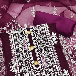 Wine Floral Embroidered Organza Dress Material