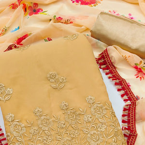 Chikoo Georgette Dress Material With Intricate Floral Thread Embroidery