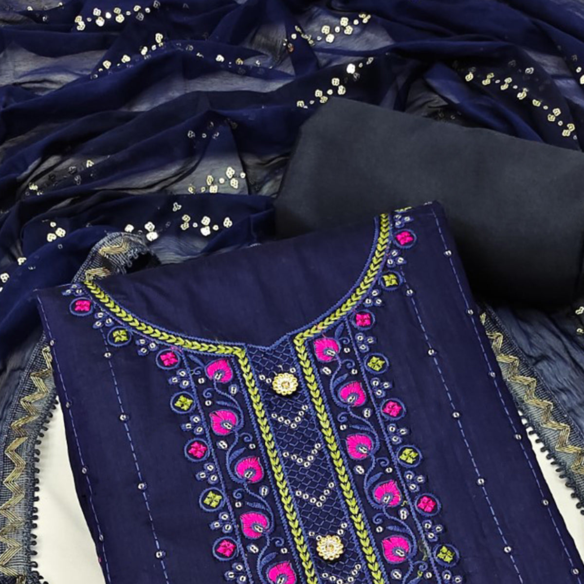 Navy Blue Sequins Embroidered Chanderi Dress Material