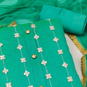 Rama Green Dress Material With Floral Embroidery & Traditional Gota Patti Work