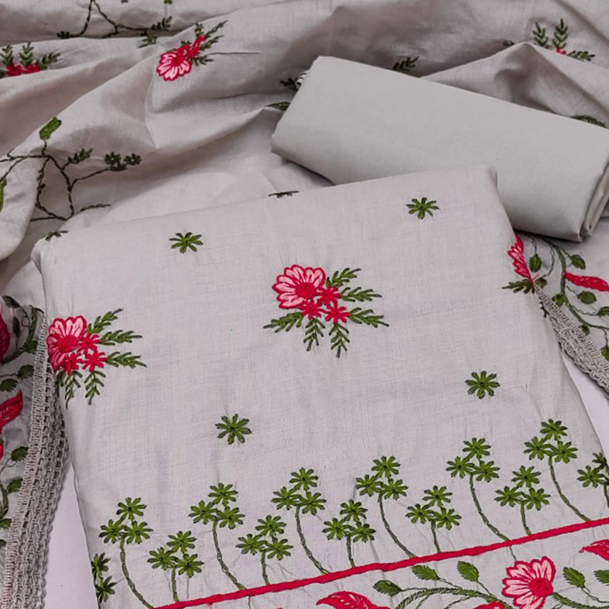 Grey Cotton Blend Dress Material With Delicate Floral Thread Embroidery