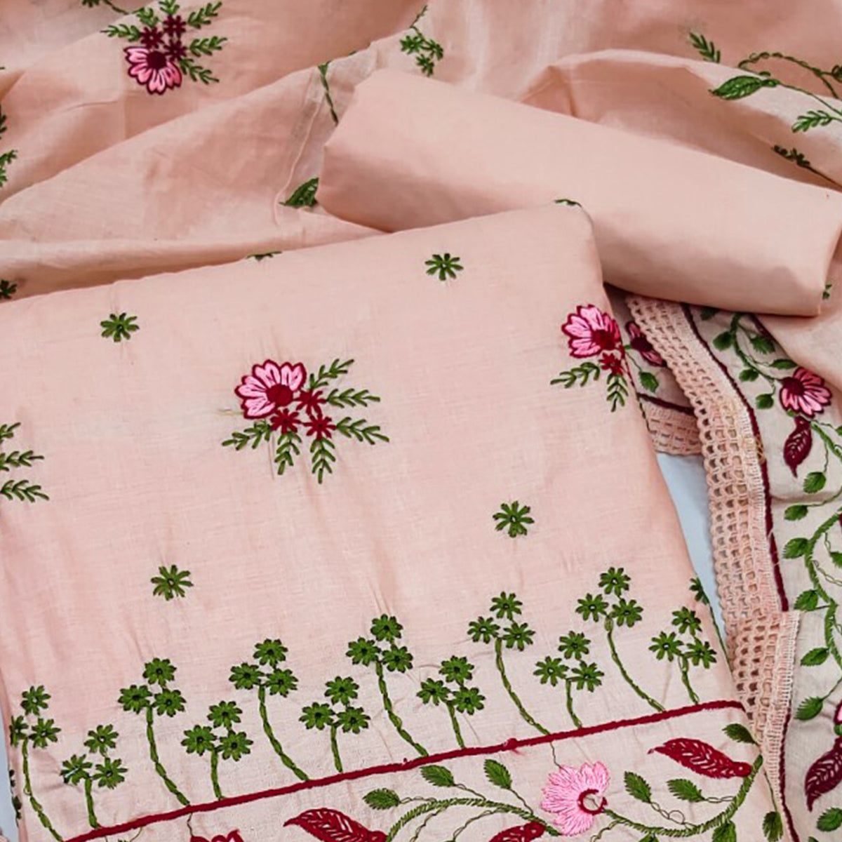 Peach Cotton Blend Dress Material With Delicate Floral Thread Embroidery