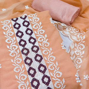 Peach Georgette Dress Material With Delicate Floral Thread Embroidery