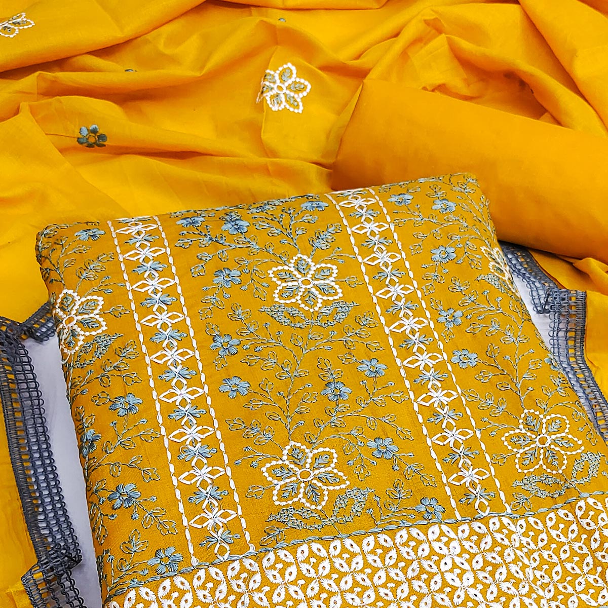 Mustard Floral Embroidered Pure Cotton Dress Material