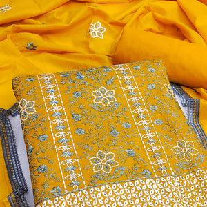 Mustard Floral Embroidered Pure Cotton Dress Material