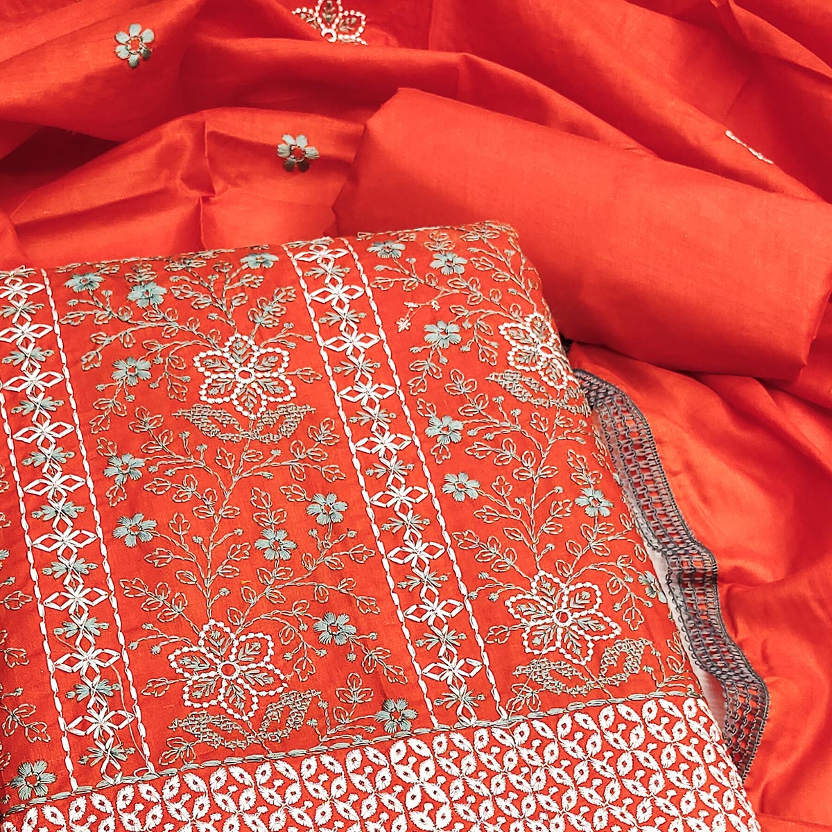 Orange Floral Embroidered Pure Cotton Dress Material
